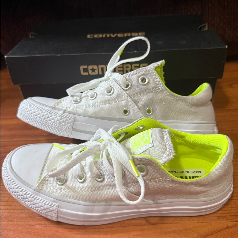 Converse Kids White and Bright Green Sneakers
